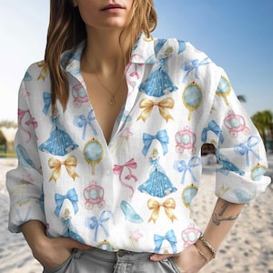 Cinderella Blouse Shirt for Women, Blue Princess Button Down, Magical Vacation Outfit, Gift for Her, Disney Blouse Blouse Shirt
