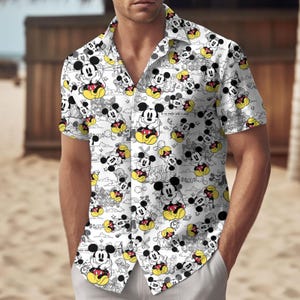 Mickey Mouse schets Hawaiiaans shirt, Mickey Mouse zomerstrandshirt, Mickey Button-shirt, Disney Aloha vakantieshirt