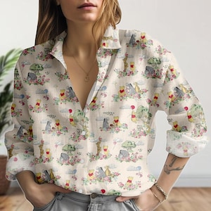 Winnie The Pooh Floral Blouse Shirt, Disney Pooh Linen-Look Shirt, Vintage Cartoon Shirt For Disney Fans, Blouse Women Gift