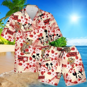 Mickey en Minnie rode bijpassende set, aangepaste naam Hawaiiaans shirt en shorts, Disney zomervakantie outfit, Disney zomercadeau voor man