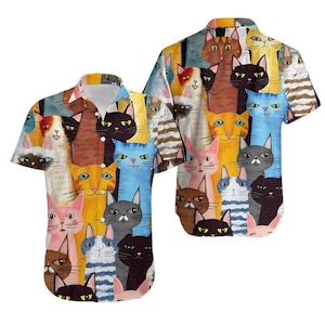 Hawaiiaans kattenshirt, grappige kattenliefhebber vakantie top, zomer cartoon kat knop shirt voor haar, knop voor man, zomercadeau voor hem