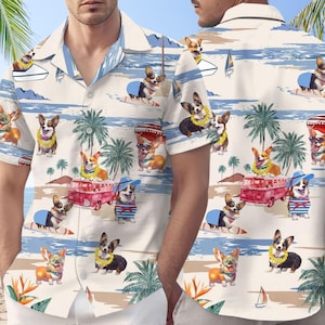 Funny Corgi Beach Hawaiian Shirt, Summer Dog Shirt for Men, Vacation Dog Button Shirt, Cute Gift for Dog Lover, Summer Hawaiian Shirt