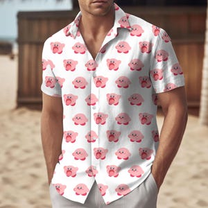 Cute Kirby Face Matching Hawaiian Shirt and Shorts Set, Kirby Summer Beach Outfit, Gamer Button shirt, Summer Gift For Her