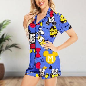 Mickey Mouse Satin Pajama Short, Disney Cartoon Sleepwear, Colorful Character Lounge PJ, Cute Summer Satin, Satin Pajamas Short