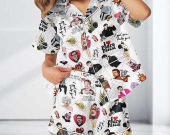 Pedro Pascal Meme Satin Pajamas, Funny Satin Sleepwear with Quotes, Star Daddy Shorts Set, Gift for Pascal Fans