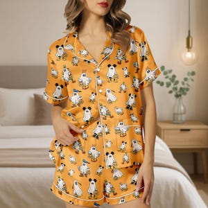 Mickey Ghost Halloween Satin Pajama Set, Disney Spooky Season Pjs, Disney Halloween Gift, Halloween Mickey Sleepwear, Gift For Her