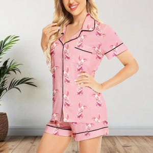 Pijama corto de satén de Piglet, adorable pijama de Disney Piglet, ropa de estar por casa rosa con dibujos animados, camiseta corta de satén de Disney, regalo para mamá