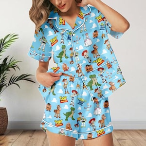 Toy Story Satin Pajamas Shorts Set, Pixar Characters Sleepwear, Women&#39;s Summer Lounge PJs, Cute Buzz and Woody Gift Set
