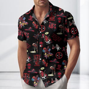 Grappig Hawaiiaans Deadpool-shirt, shirt cartoon Deadpool Button, komische zomer strandshirt, cadeau voor Deadpool-fan