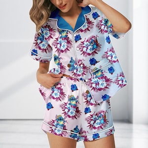 Piżama satynowa Disney Stitch Short, Piżama Disney na lato, Piżama z filmu Stitch, Uroczy prezent dla niej na noc z kreskówek, Prezent dla mamy