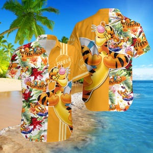 Camicia hawaiana con motivo floreale di Tigro, camicia Disney di Winnie the Pooh, completo estivo Aloha con cartoni animati, camicia da uomo con bottoni Disney, regalo estivo per lui