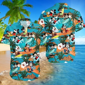 Camicia hawaiana con Topolino che fa surf, camicia con scritta "Vacanza tropicale Disney", camicia con bottoni "Aloha Hawaiian Beach", regalo estivo Disney per lui