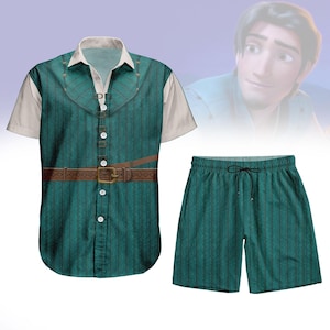 Flynn Rider Tangled Cosplay Hawaiian Shirt, Disney Men&#39;s Costume Shorts, Halloween Cosplay Button Shirt, Halloween Costume Gift For Him