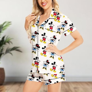 Disney Mickey Minnie Character Satin Short Pajamas, Disney Cartoon Sleepwear, Summer Satin Lounge Wear, Cute Gift