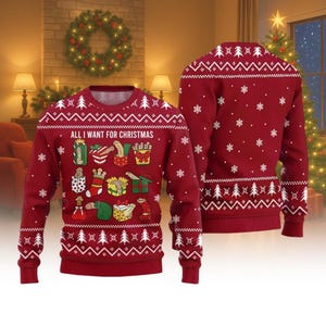 Fast Food Ugly Christmas Sweater, All I Want Sweater, Fun Xmas Gift for Men Women, Holiday Knit Gift