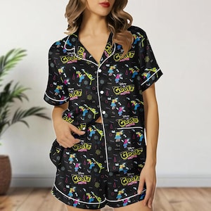 Conjunto de pijama corto de satén de la película Goofy, ropa de dormir retro de dibujos animados, divertido conjunto de Disney para ella, pijama de satén de regalo