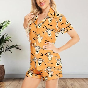Pijama corto de satén con dibujos de Tigger, pijama de personajes de Disney, bonito pijama de satén naranja para mujer, pijama de Tigger