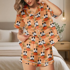 Pumpkin Mickey Mouse Satin Pajamas Set, Disney Halloween Sleep Set, Halloween Mickey Sleepwear, Pajamas For Her, Halloween Gift