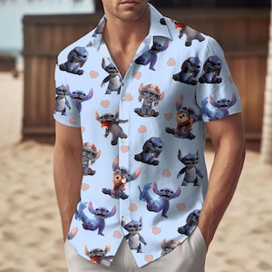 Camisa hawaiana de Stitch (película 2025), camisa hawaiana de Stitch y Ángel, linda camisa de playa para hombre, camisa de verano de dibujos animados, regalo de amor para él
