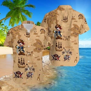 Pirat Micky Hawaii Hemd, Schatzkarte Karibik Thema Top, Disney Sommer Ferien Knopf Shirt, Disney Pirat Button Man Shirt