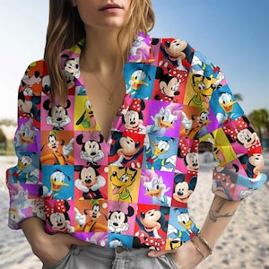 Disney Mickey Minnie Donald Goofy Blouse Shirt, Cartoon Square Linen-Look Shirt, Summer Button Blouse for Disney Fans