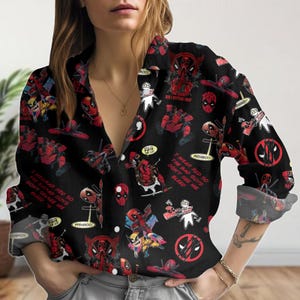 Deadpool Comic Blouse Shirt, Deadpool Linen-Look Shirt, Comic Blouse Women Shirt, Deadpool Summer Button Up Shirt, Gift For Her