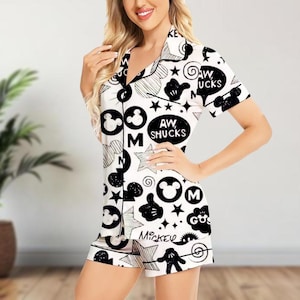 Satijnen pyjamaset Mickey Mouse, nachtkleding Mickey en vrienden, leuke Disney Lounge Wear, korte satijnen pyjama, satijnen pyjama groepscadeau