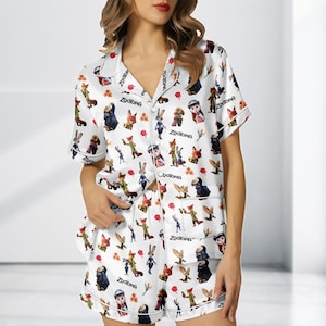 Pijama de satén de dibujos animados de Zootopia, conjunto de pijamas de Judy y Nick, pijama con estampado animal divertido, regalo para ella, conjunto de salón Disney