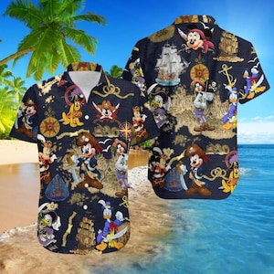 Pirat Micky Maus Hawaii Hemd, Disney Schatzkarte Knopf Shirt, Sommer Kreuzfahrt Strand Shirt, Disney Sommer Geschenk für Ihn