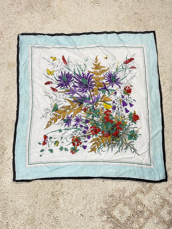 Vintage White and light blue floral Silk Scarf, S… - image 2