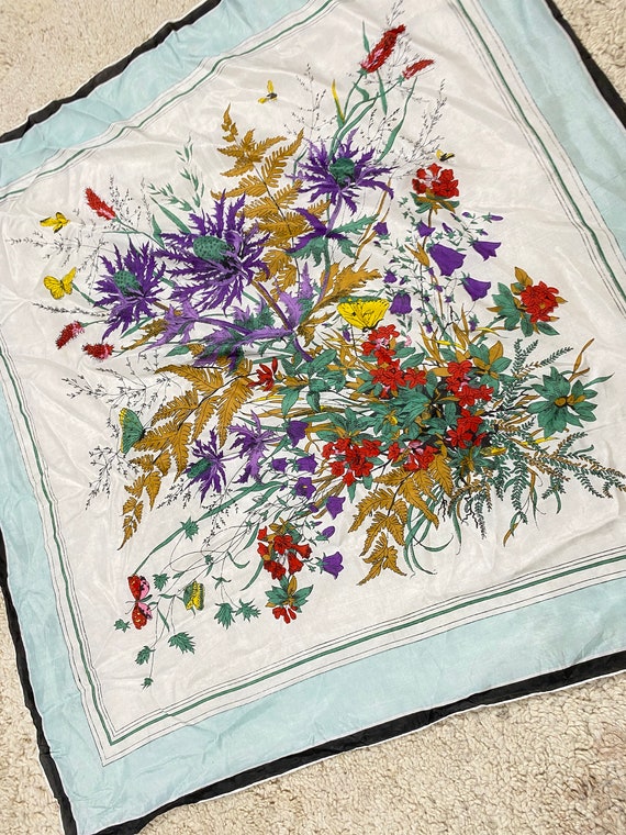 Vintage White and light blue floral Silk Scarf, S… - image 3