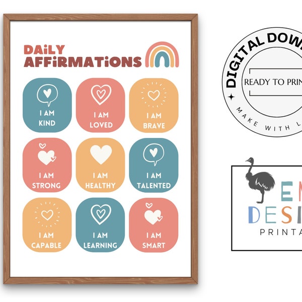 Daily affirmations poster, Kids & positive affirmation, I Am affirmations, Counselor office, Playroom or classroom wall decor, mental health