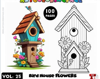 Bird Houses and Flowers Coloring Book: 100 Pages (A4 PDF Download)