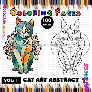 Puede incluir: Una portada de libro para colorear con un diseño de gato abstracto con coloridos patrones geométricos. La portada también incluye el título "Cat Art Abstract Coloring Pages" y el texto "Vol: I".