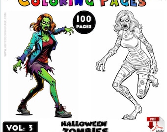 May include: A coloring book cover featuring two zombie women. One zombie is green and the other is in black and white. The cover has the text "Halloween Zombies Coloring Pages" and "Vol: 3".