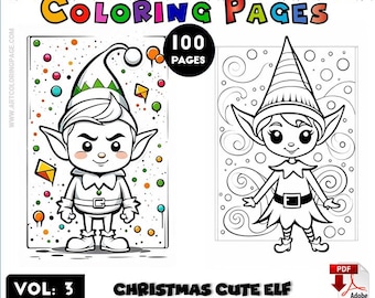 May include: A black and white colouring page featuring a cute elf with a pointy hat and a belt. The elf is standing with its arms at its sides. The background is filled with swirls and dots. The text "100 PAGES" is visible in the top right corner of the image.