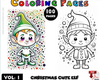 May include: A colouring book featuring a cute elf with a green hat and a white and green outfit. The elf is standing on a background of colourful dots. The book is titled "Christmas Cute Elf Colouring Pages" and has 100 pages.
