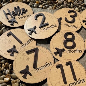 Baby Monthly Milestone Rounds, World travel photo prop marker, Globe and Airplane Shower Gift, Made in USA