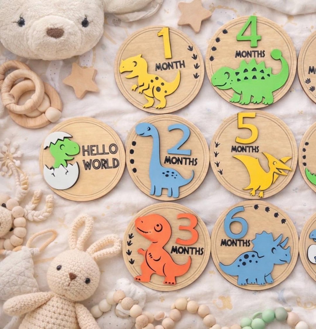 Dinosaur Baby Milestone Markers | Wooden Monthly Photo Props, Hello ...