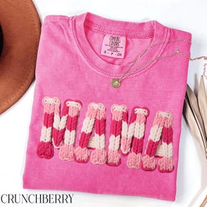 Green Mama Comfort Colors® Shirt, Faux Crochet Knit Letters Design, Chenille Patch Look Tee, New Mom Gift, Garment-Dyed Soft Unisex T-Shirt