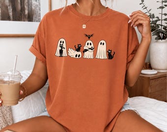 Funny Ghost Cat Shirt, Cat Halloween Shirt Comfort Colors®, Black Cat Graphic Tee, Cozy Fall Gift Tee, Spooky Season Shirt Unisex Retro Tee