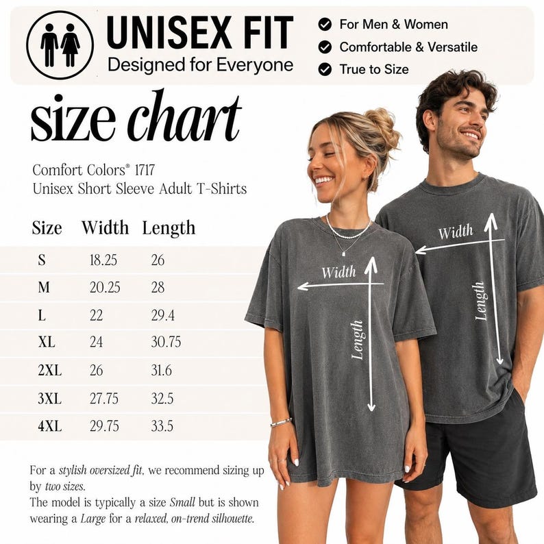 May include: A size chart for Comfort Colors 1717 unisex short sleeve adult t-shirts. The chart lists sizes S through 4XL with corresponding width and length measurements in inches. The image includes a visual guide showing width and length.