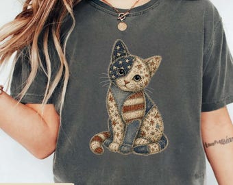 Comfort Colors Patriotic Cat Shirt, American Cat Mom Tee, Fourth of July Cat Lover Gift, Vintage Patchwork Kitten Shirt for Women, Plus Size
