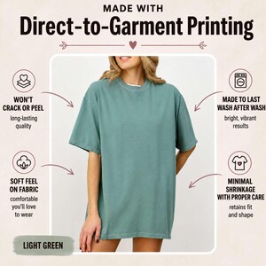May include: A light green short-sleeve t-shirt with a crew neckline. The image includes text: MADE WITH Direct-to-Garment Printing, WON'T CRACK OR PEEL, MADE TO LAST WASH AFTER WASH, SOFT FEEL ON FABRIC, MINIMAL SHRINKAGE WITH PROPER CARE, LIGHT GREEN.