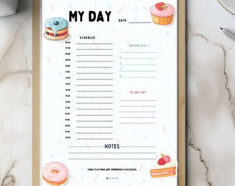 My Day Daily Planner - Pastel Pastries Theme | Sizes A4, A5 | Instant Download PDF | Organize Daily Tasks Efficiently
