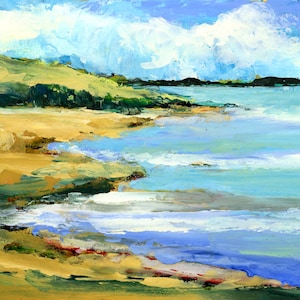 May include: A painting of a seascape with a sandy beach, green hills, and a blue sky with white clouds. The water is a light blue and green color, and there are white waves crashing on the shore.