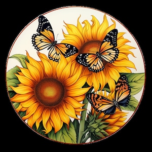 May include: A round plate with a white background features three monarch butterflies and three sunflowers. The butterflies are orange, black, and white. The sunflowers are yellow with brown centers.