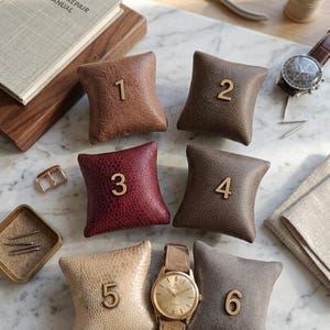 May include: An assortment of watch-related items, including six numbered watch pillows in various colors and textures, a gold wristwatch with a leather band, a watch repair manual, and tools. The pillows are arranged on a marble surface.