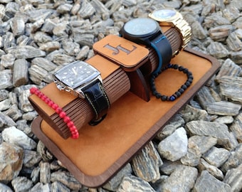 Soporte para reloj de madera hecho a mano, organizador de joyas para hombre, madera natural