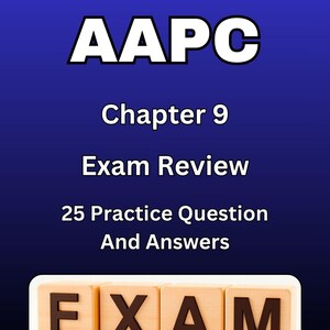 Op de afbeelding: AAPC examen beoordelingsboekcover met tekst: Hoofdstuk 9, Examenbeoordeling, 25 Oefenvragen en Antwoorden. Het woord "EXAMEN" is gespeld met houten letterblokken. De achtergrond is een blauwe gradiënt.
